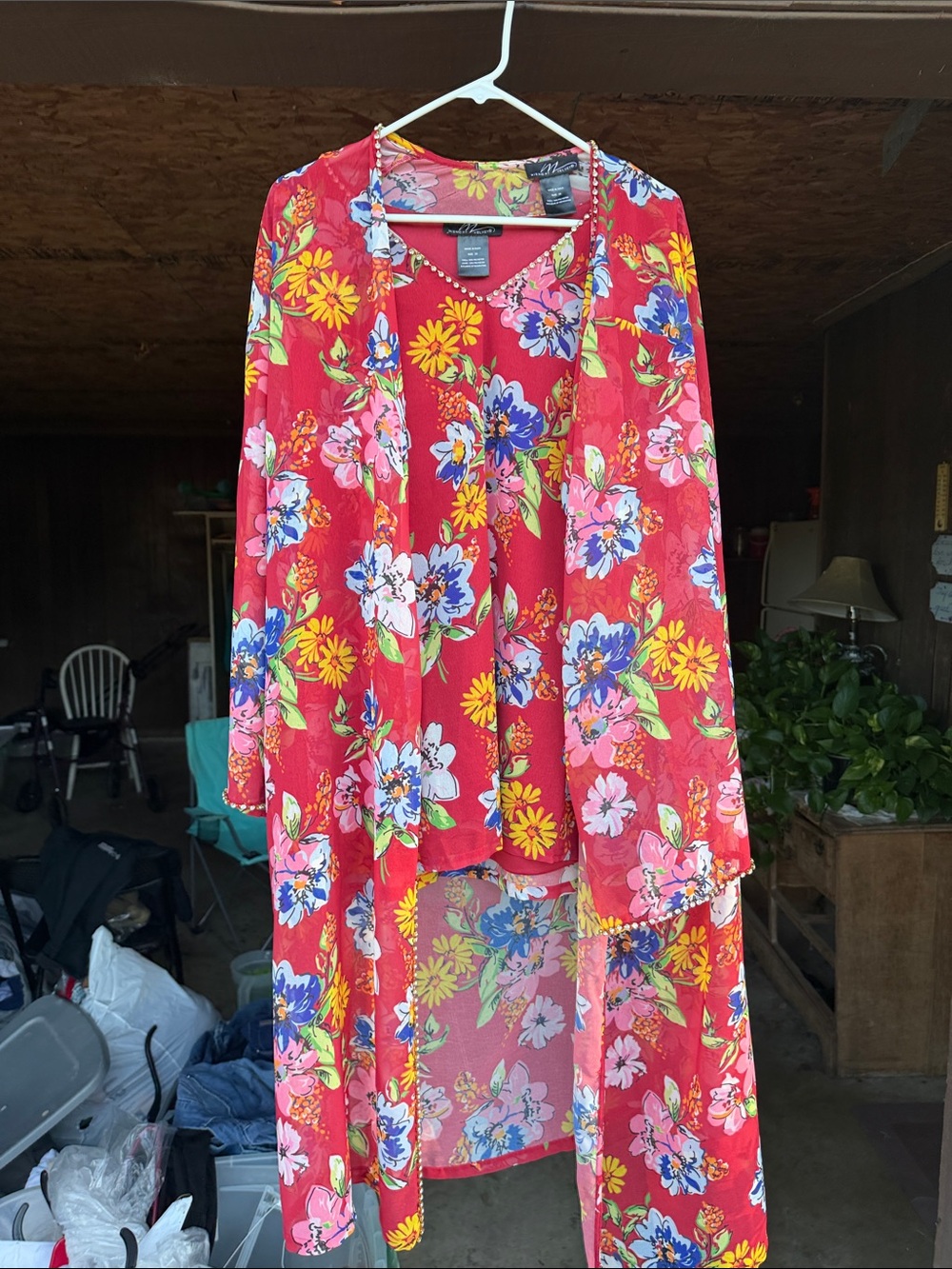 Midnight Velvet Pink Floral Sleeveless Top with Red Trim and Rhinestones